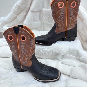 Ariat Black and Brown Cowboy Boots with Orange Details